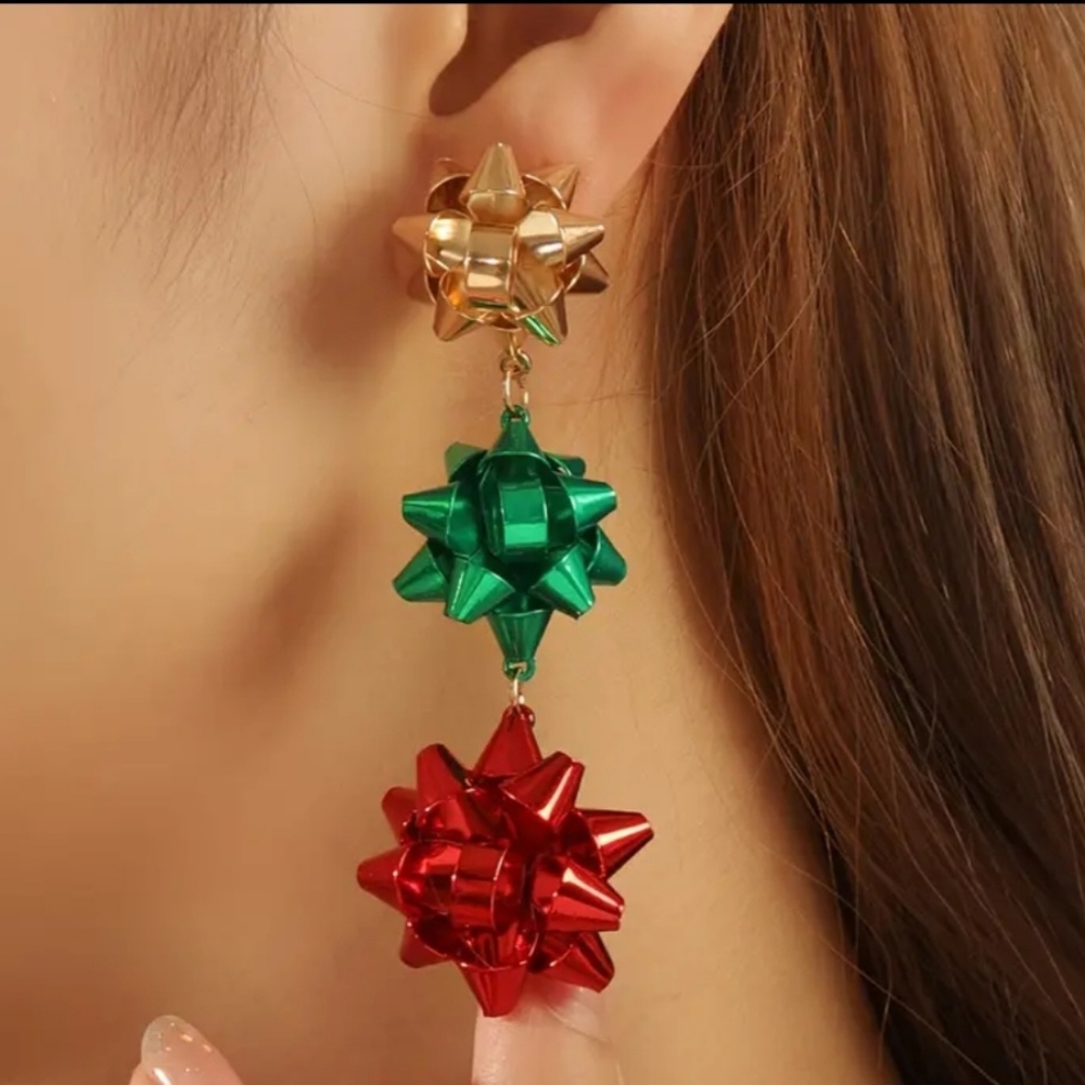 Festive Bow Drop Earrings in Gold, Red, and Green. - Picture 2 of 3